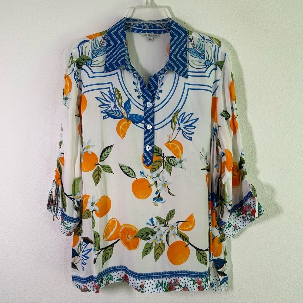 John Mark Top BOHO Tropical 1/2 Button Orange Fruit 3/4 Sleeves Sz Petite Lrg LP